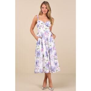 NWT Lulus Hillela Ivory Floral Ruffled Lace-Up Midi Skater Dress Sweetheart Sz S